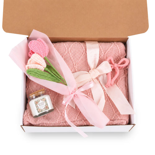 Blush & Bloom Gift Set — Candle, Crochet Bouquet, Knit Blanket & Bow Clip