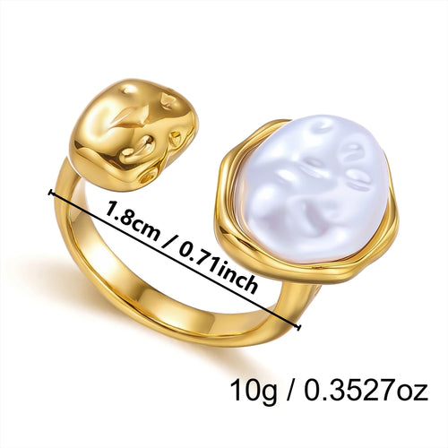 Chunky Vintage Baroque Pearl Gold Ring for Women Waterproof Stainless
