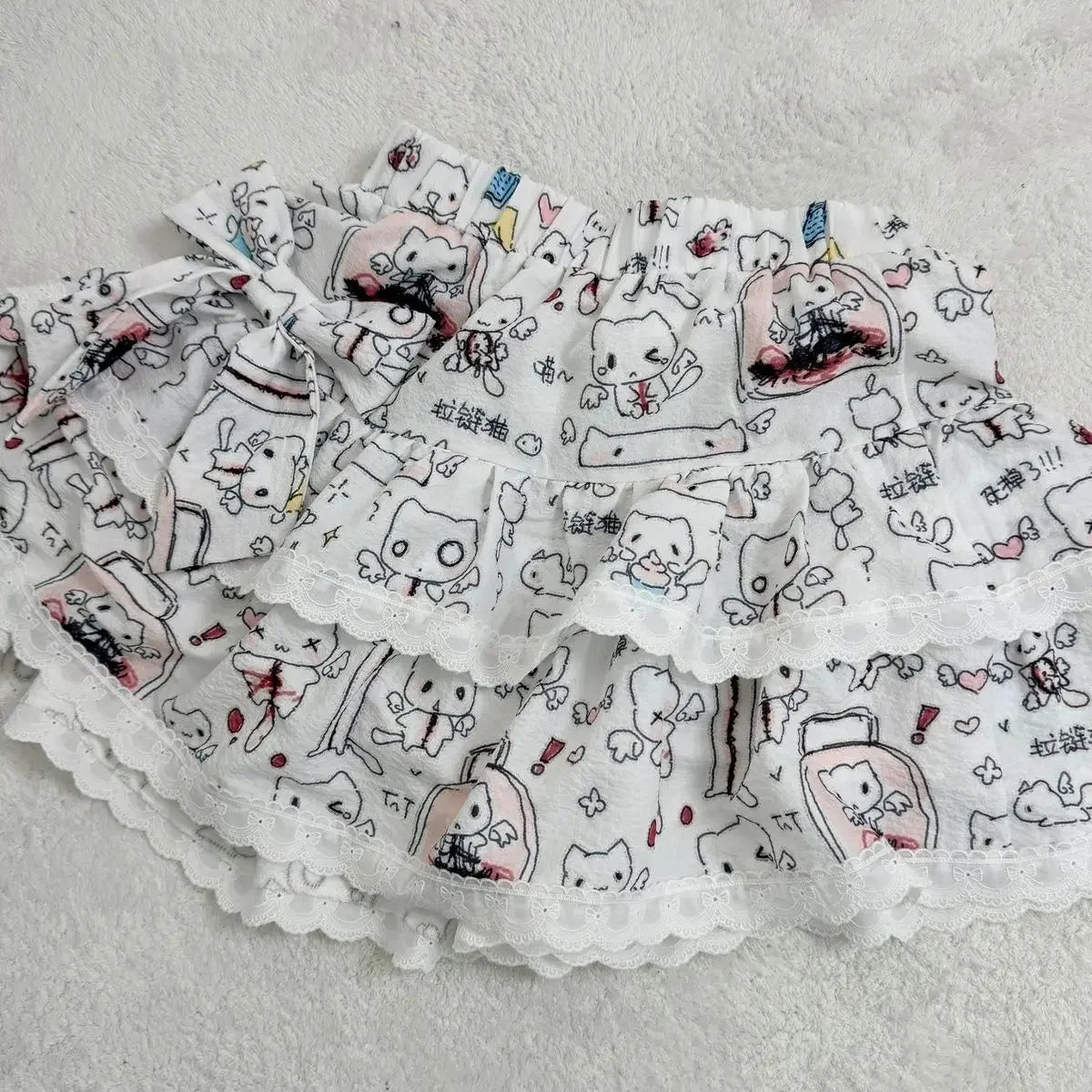 Subculture Cartoon Cute Bow Lace Ruffles Slim Waist Women Y2k Skirt