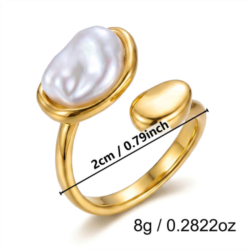 Chunky Vintage Baroque Pearl Gold Ring for Women Waterproof Stainless