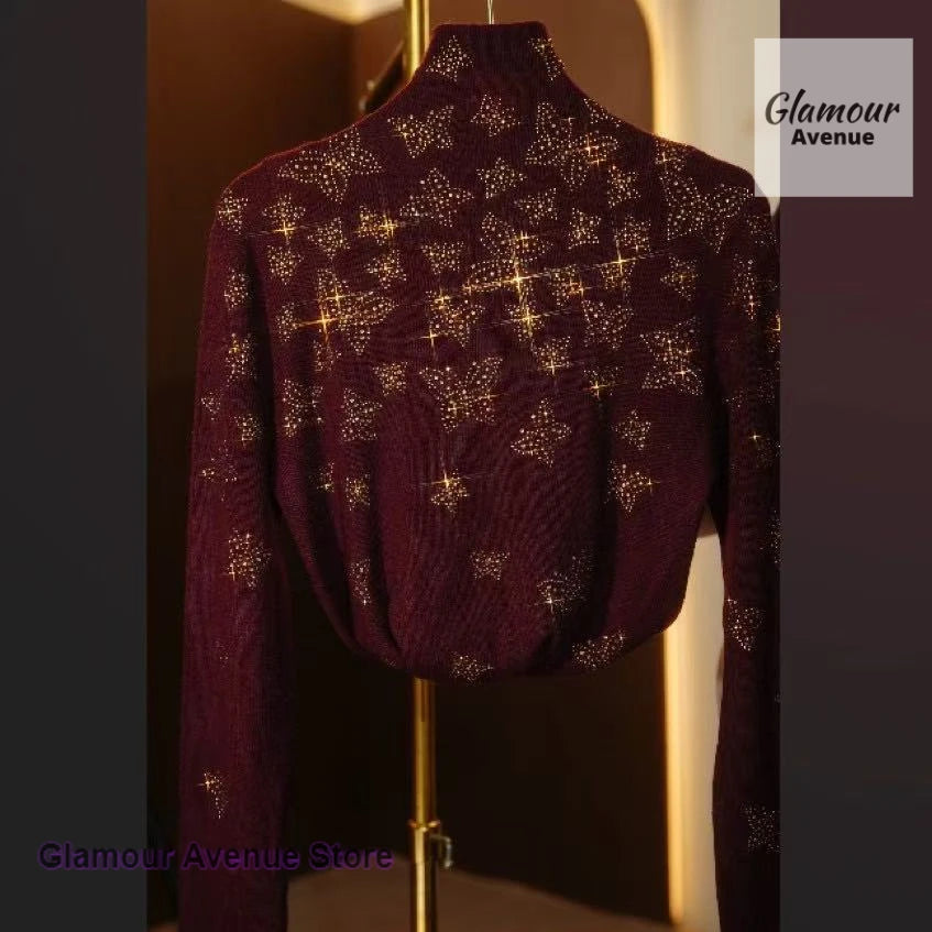 semi-high-necked diamond-encrusted versatile sweater