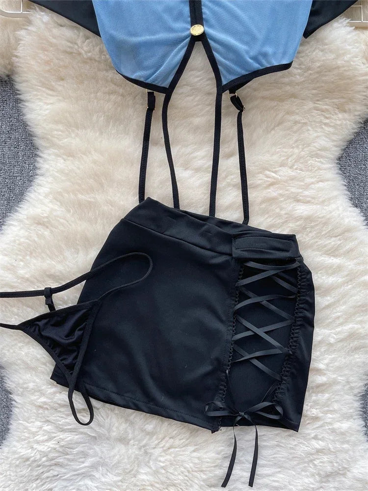 Neck Sheer Top+Lace Up Mini Skirt