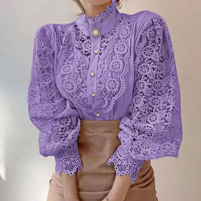 Chic Blouse, Lace Hollow Sleeve Elegant Top, Vintage Fashion Office Lady Outfits