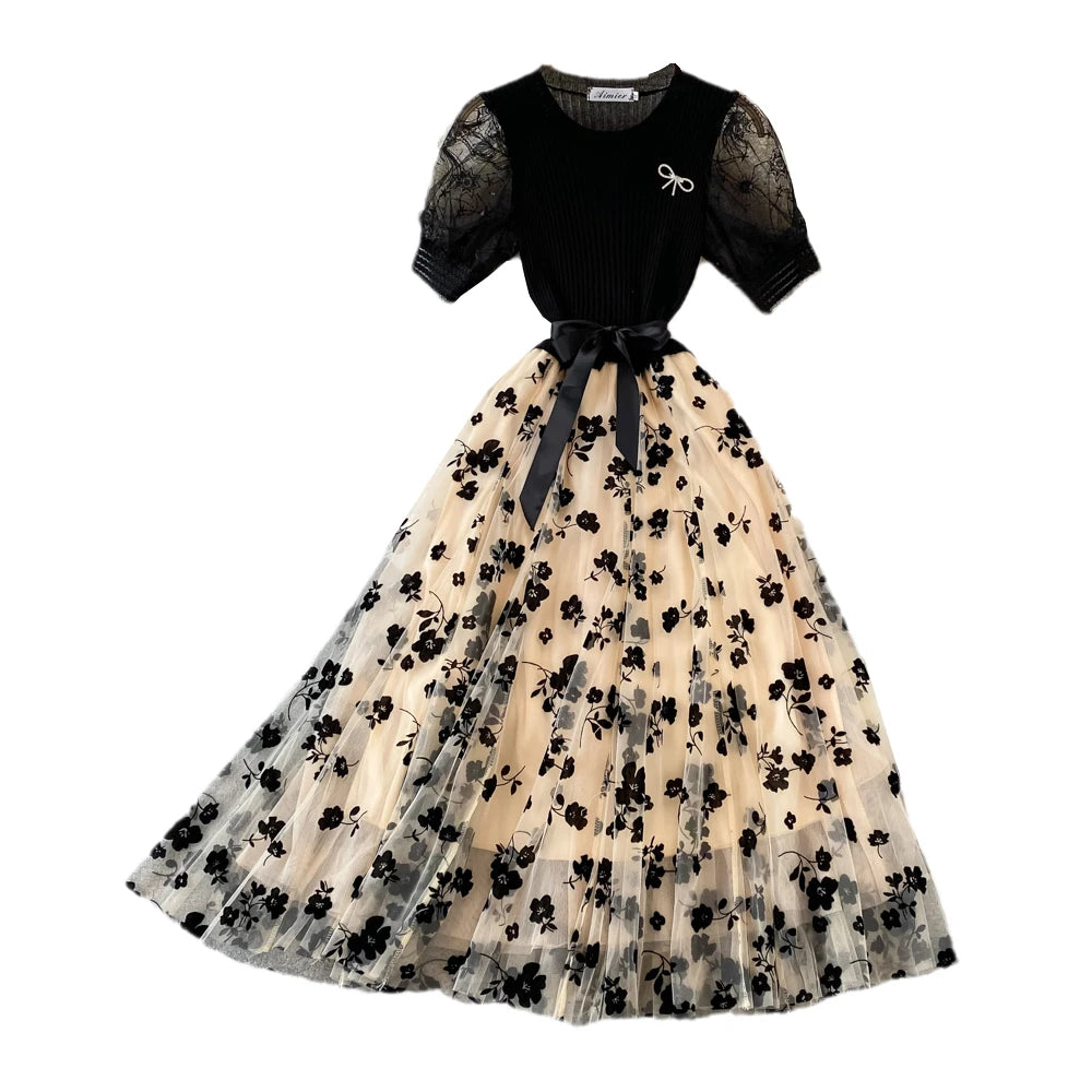 Ele Knitted Me Puffy Dr with Bow Tie round Ne Splice A-Line Midi Skirt for Young Women Summer Commute Sle