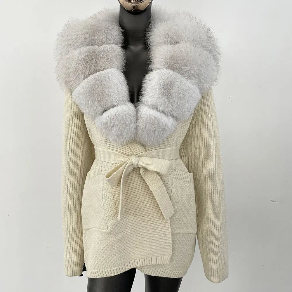 Natural Fox Fur Sweater Belt Knitted Oversized Knitted Cardigan Real Fur