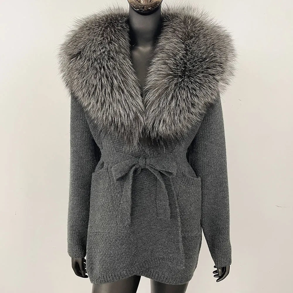 Natural Fox Fur Sweater Belt Knitted Oversized Knitted Cardigan Real Fur