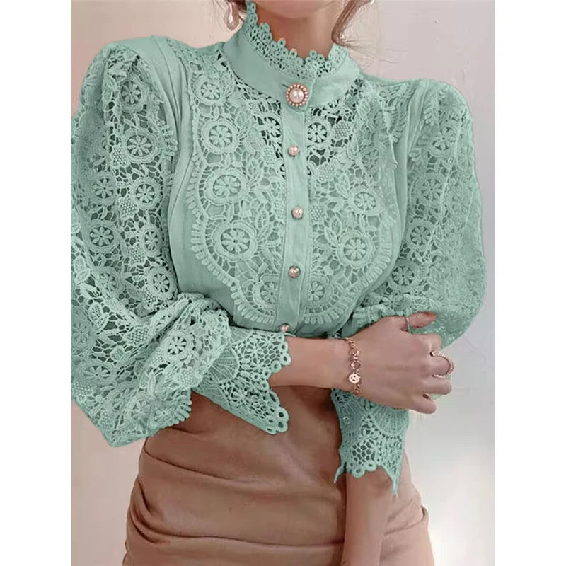 Chic Blouse, Lace Hollow Sleeve Elegant Top, Vintage Fashion Office Lady Outfits