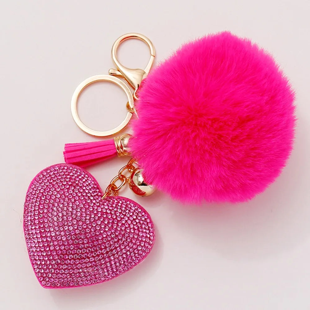 Fashion Fluffy Plush Ball Keychain Faux Fur Pompom Rhinestone Heart