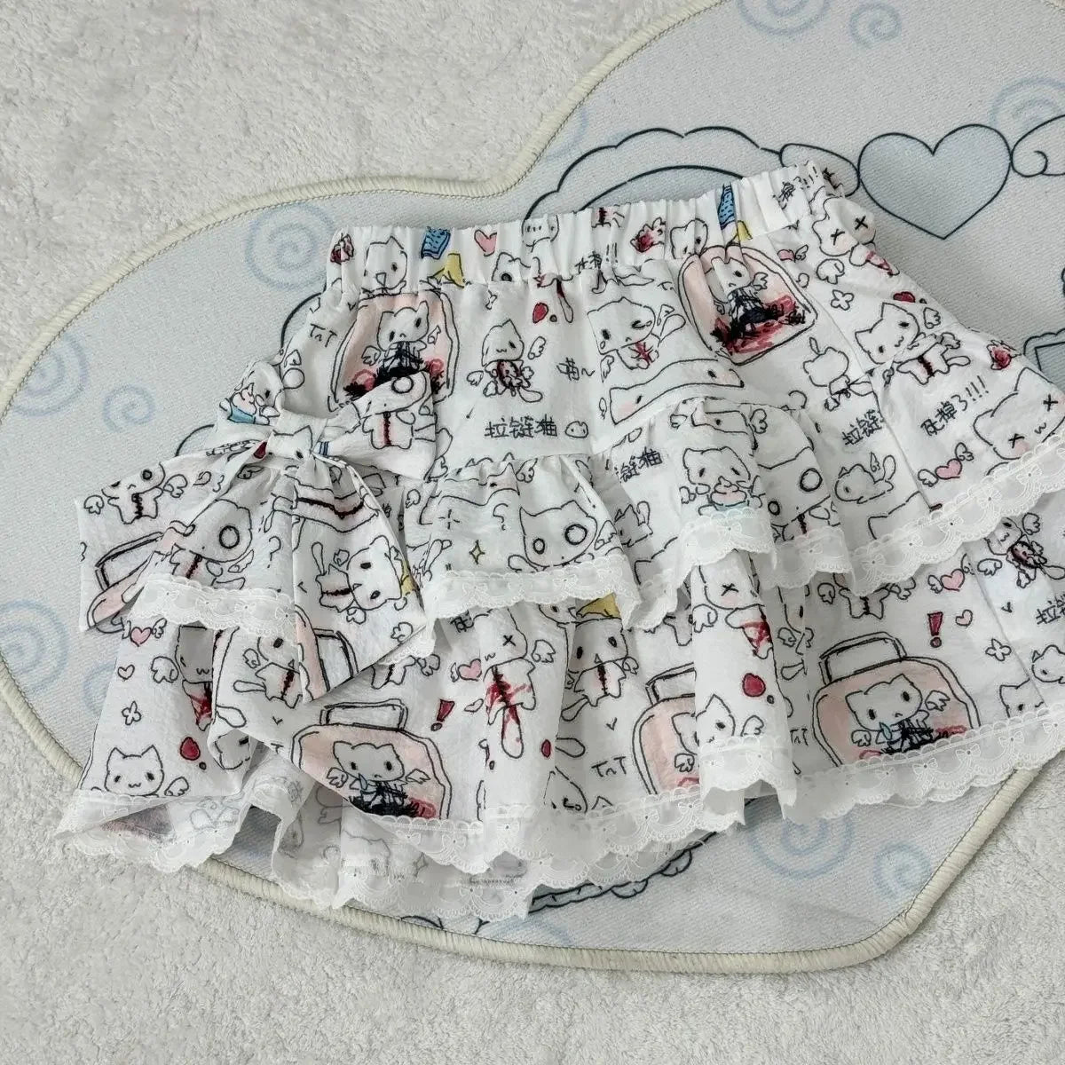 Subculture Cartoon Cute Bow Lace Ruffles Slim Waist Women Y2k Skirt