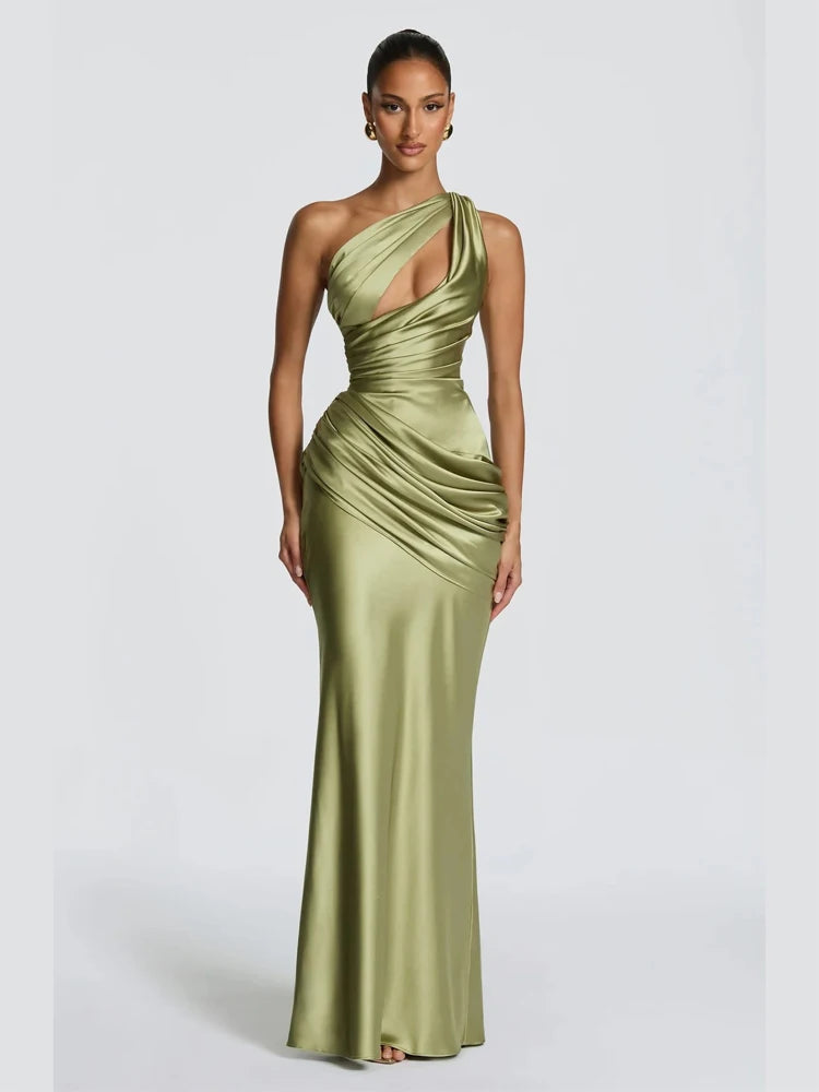 One-shoulder Ruched Satin Elegant Sleeveless Cutout Waist-cinching Flowy Dresses Lady
