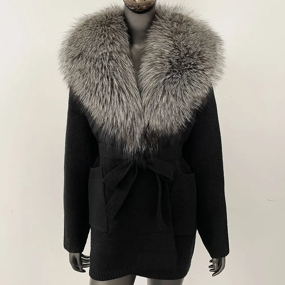 Natural Fox Fur Sweater Belt Knitted Oversized Knitted Cardigan Real Fur