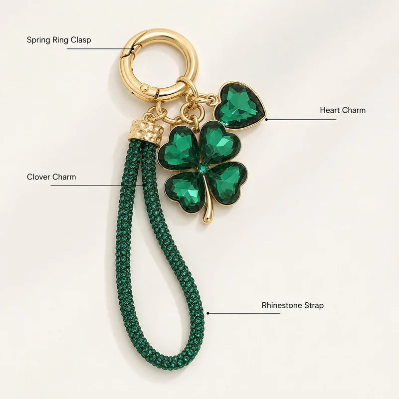 Four Leaf Clover Keychain for Women Rhinestone Bag Charm with Wrist