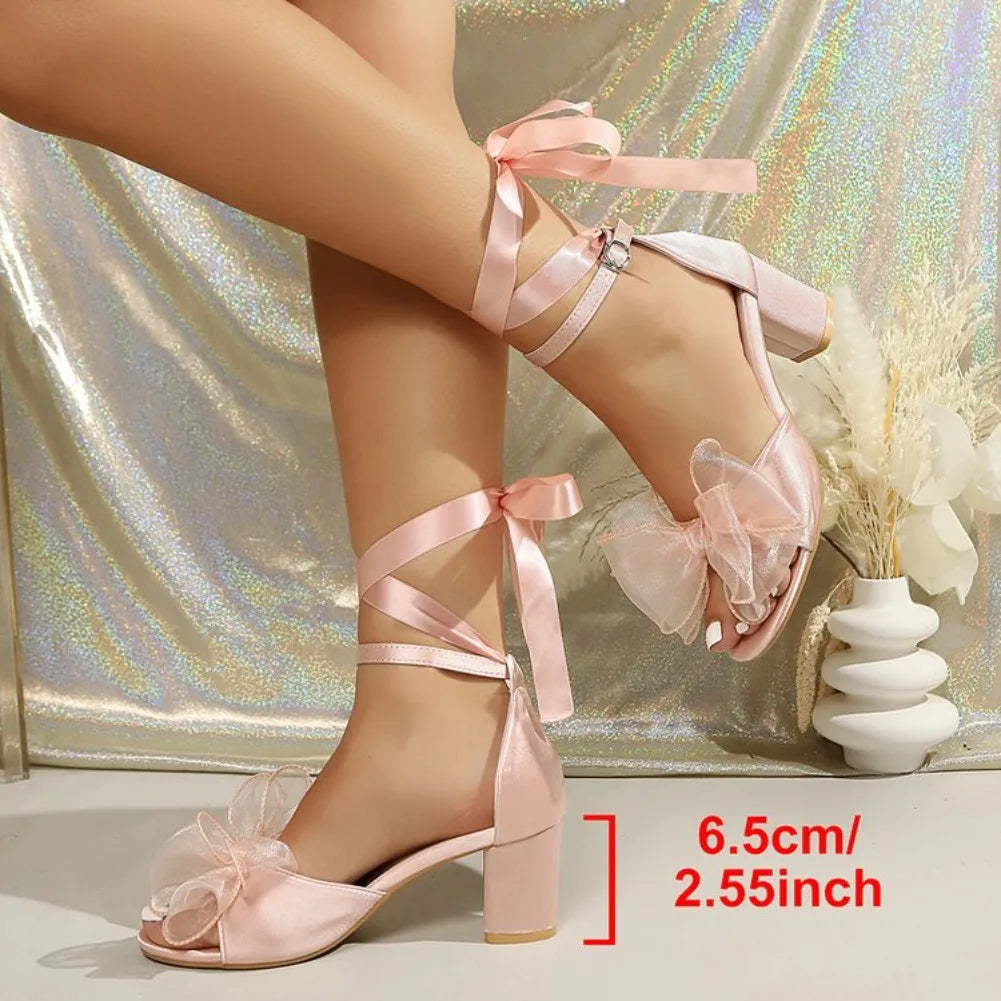 Sweet Lace Up Bowknot Lolita Sandals Women Summer 2026 Pink Ankle