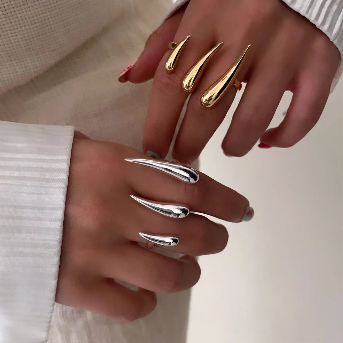 18k Gold-Plated Exaggerated Claw Ring Stackable Lines Double Finger Ring