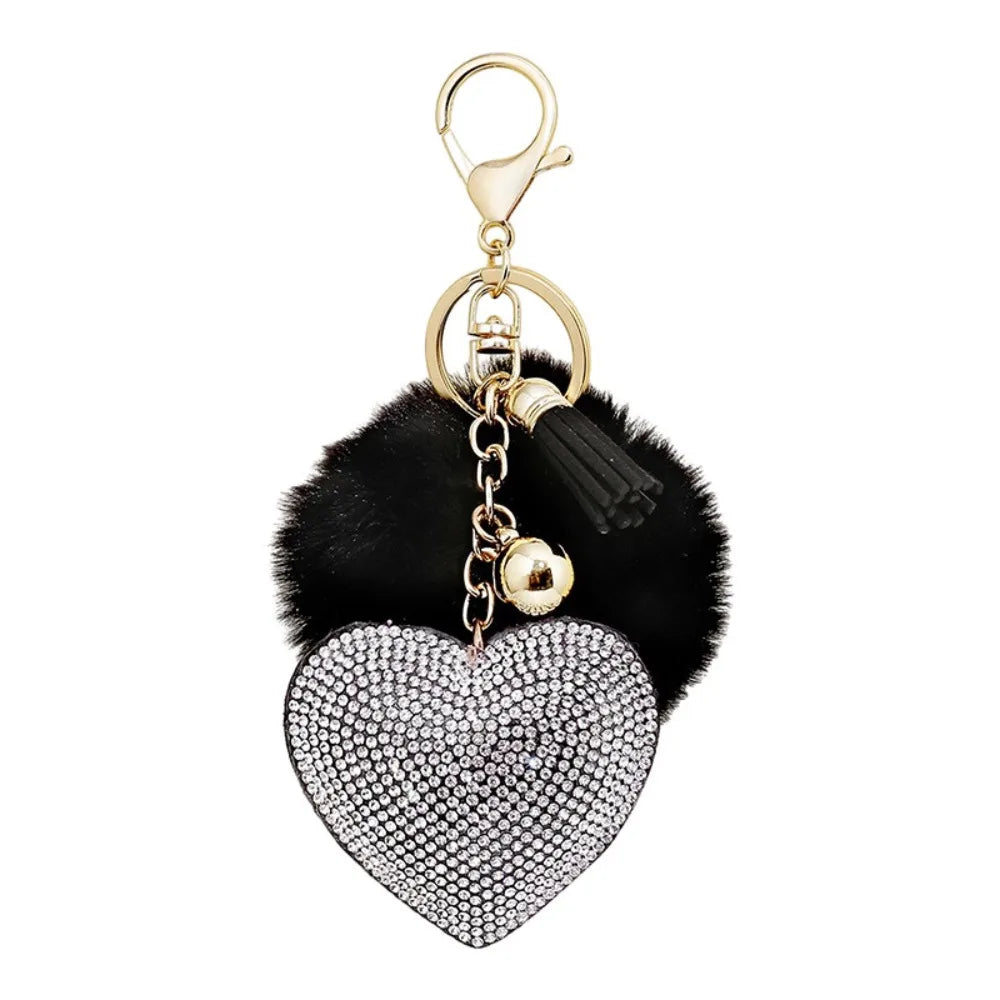 Fashion Fluffy Plush Ball Keychain Faux Fur Pompom Rhinestone Heart