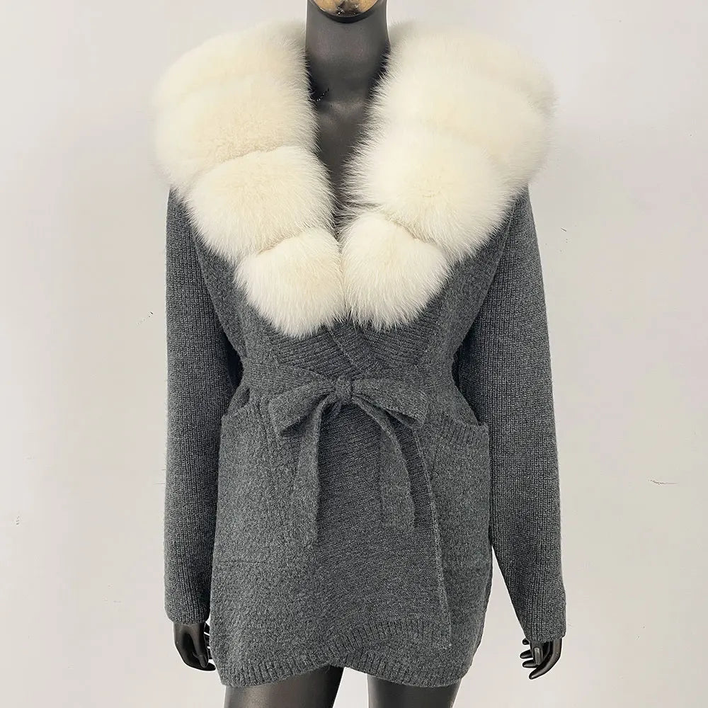 Natural Fox Fur Sweater Belt Knitted Oversized Knitted Cardigan Real Fur