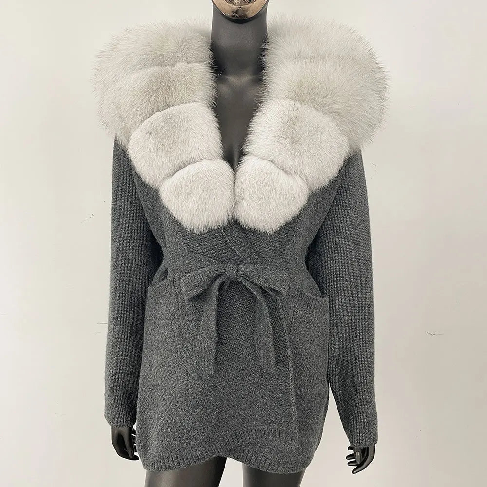Natural Fox Fur Sweater Belt Knitted Oversized Knitted Cardigan Real Fur