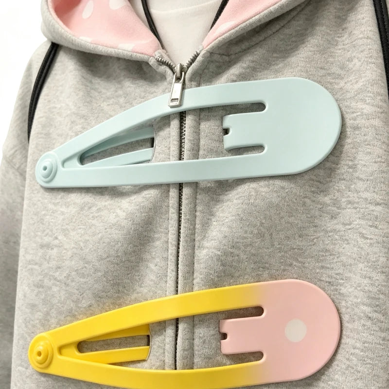 Pink Polka Dot Lined Hood 3D Giant Hair Clip Decor Zip up Hoodie
