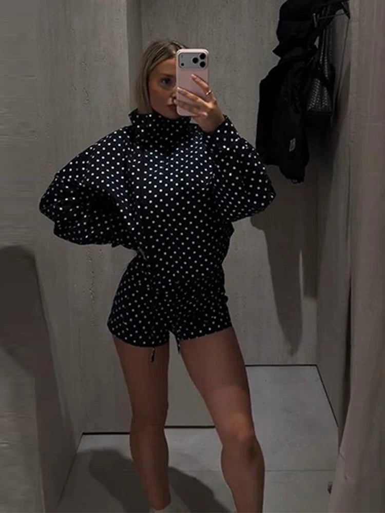 Polka Dot Shorts Set For r Zipper Jacket & High Waist Shorts Lady Chic Outfits