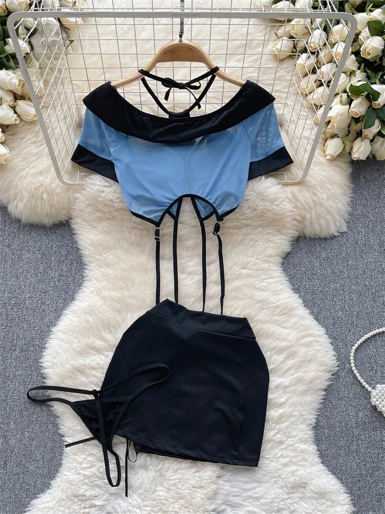 Neck Sheer Top+Lace Up Mini Skirt