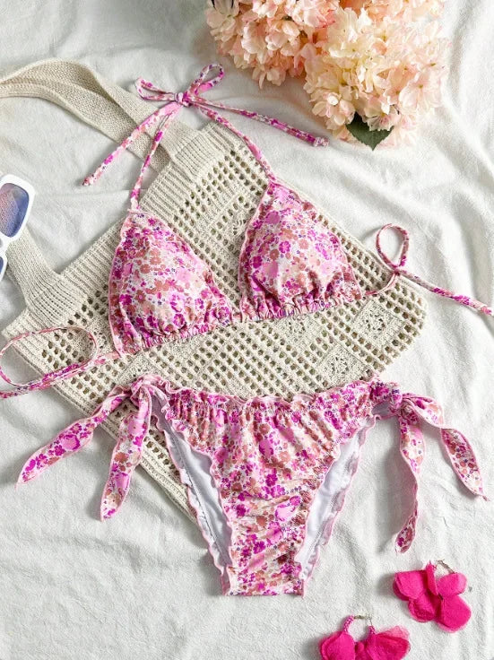 Cute Bikini Set Up Tie Side Thong Swimsuit Bathing Suit
