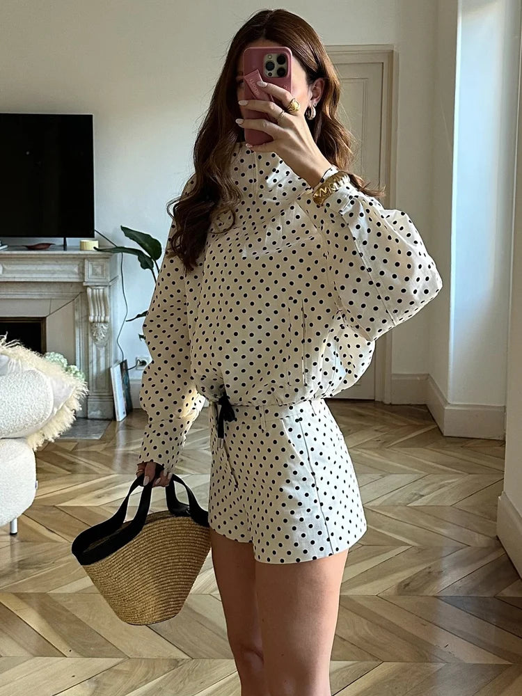 Polka Dot Print Short Long Sleeves Turtleneck Zipper With Pockets Drawstring