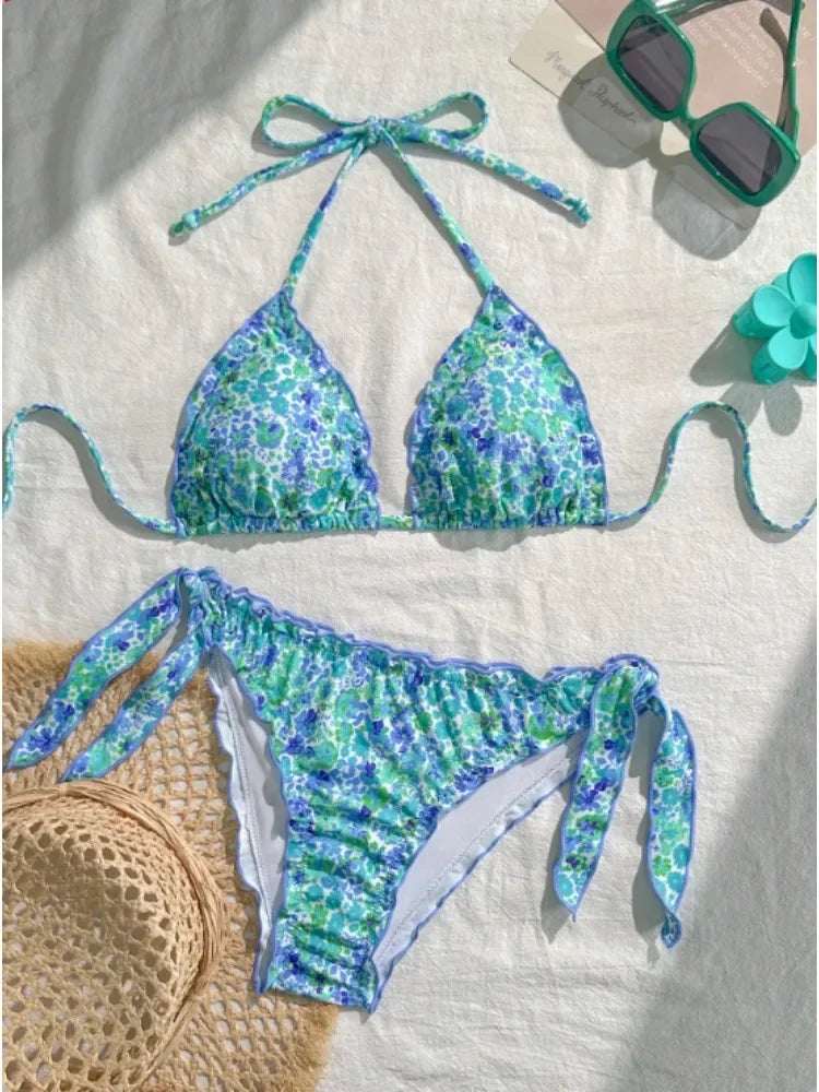 Cute Bikini Set Up Tie Side Thong Swimsuit Bathing Suit