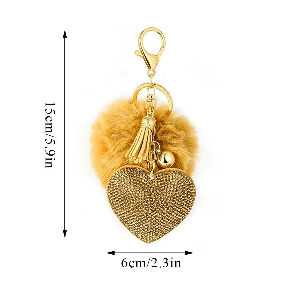 Fashion Fluffy Plush Ball Keychain Faux Fur Pompom Rhinestone Heart