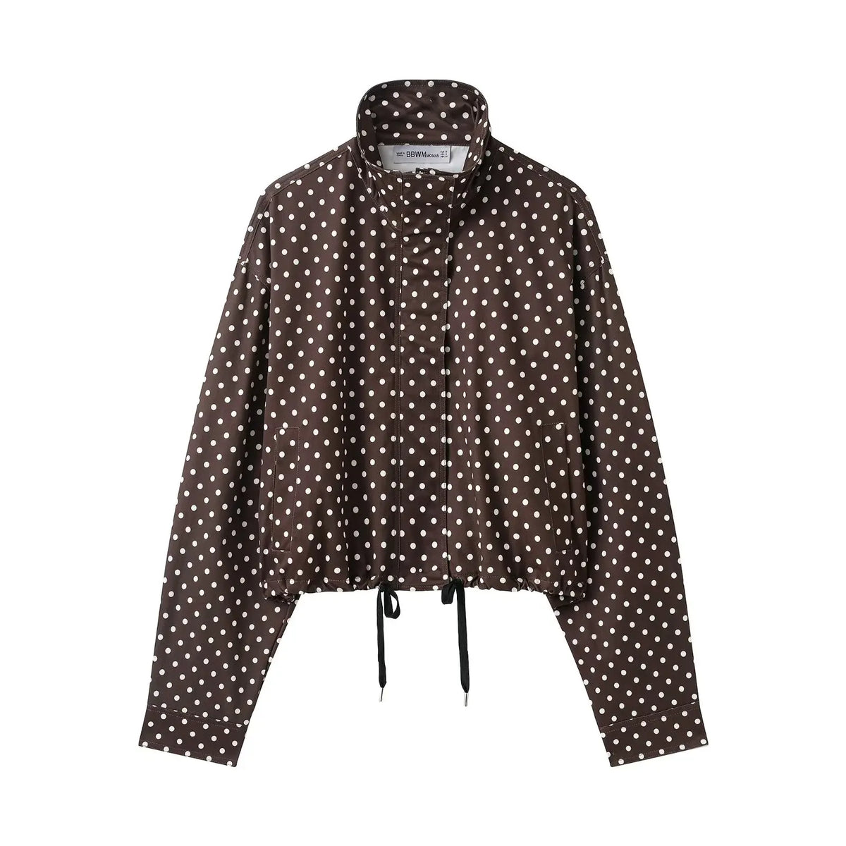 Polka Dot Print Short Long Sleeves Turtleneck Zipper With Pockets Drawstring