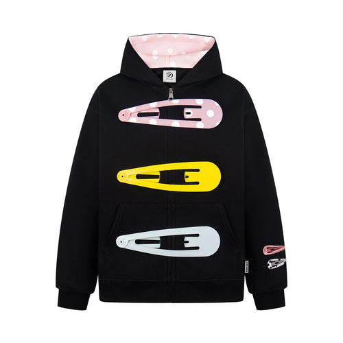 Pink Polka Dot Lined Hood 3D Giant Hair Clip Decor Zip up Hoodie