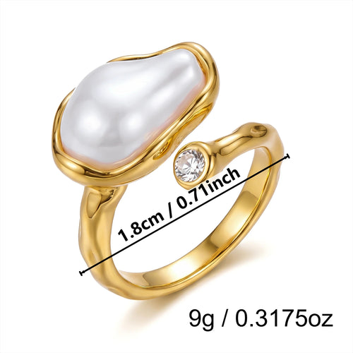 Chunky Vintage Baroque Pearl Gold Ring for Women Waterproof Stainless