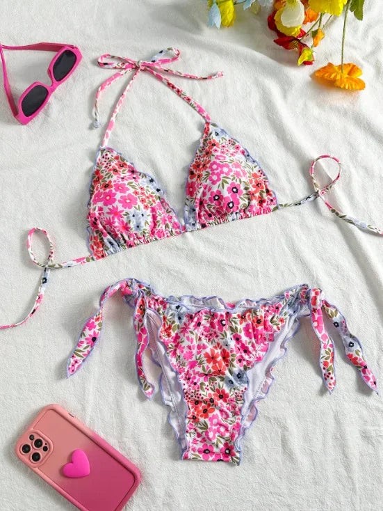 Cute Bikini Set Up Tie Side Thong Swimsuit Bathing Suit