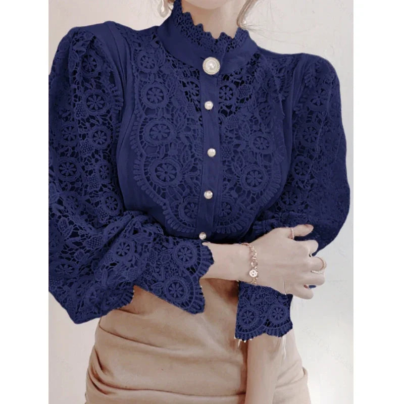 Chic Blouse, Lace Hollow Sleeve Elegant Top, Vintage Fashion Office Lady Outfits