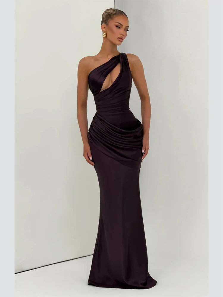 One-shoulder Ruched Satin Elegant Sleeveless Cutout Waist-cinching Flowy Dresses Lady