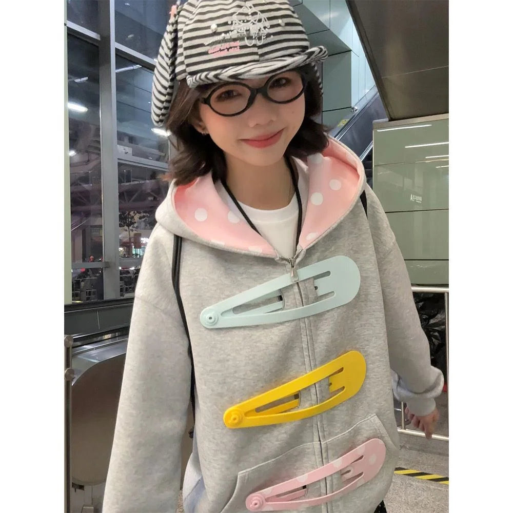 Pink Polka Dot Lined Hood 3D Giant Hair Clip Decor Zip up Hoodie