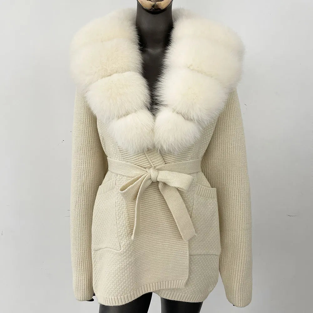 Natural Fox Fur Sweater Belt Knitted Oversized Knitted Cardigan Real Fur