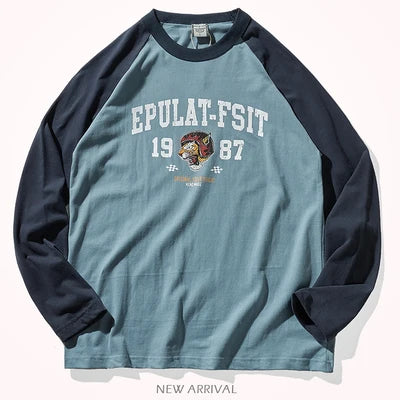 Locomotive Printed T-shirt 100% Cotton Wash Contrast Splicing Casual Tops
