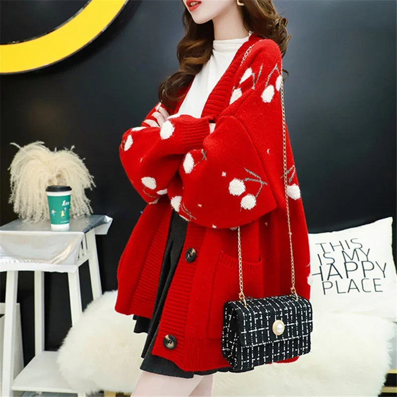 Sweater Cardigan Women Jacket Coat Loose Cherry Embroidery Knitted Cardigan