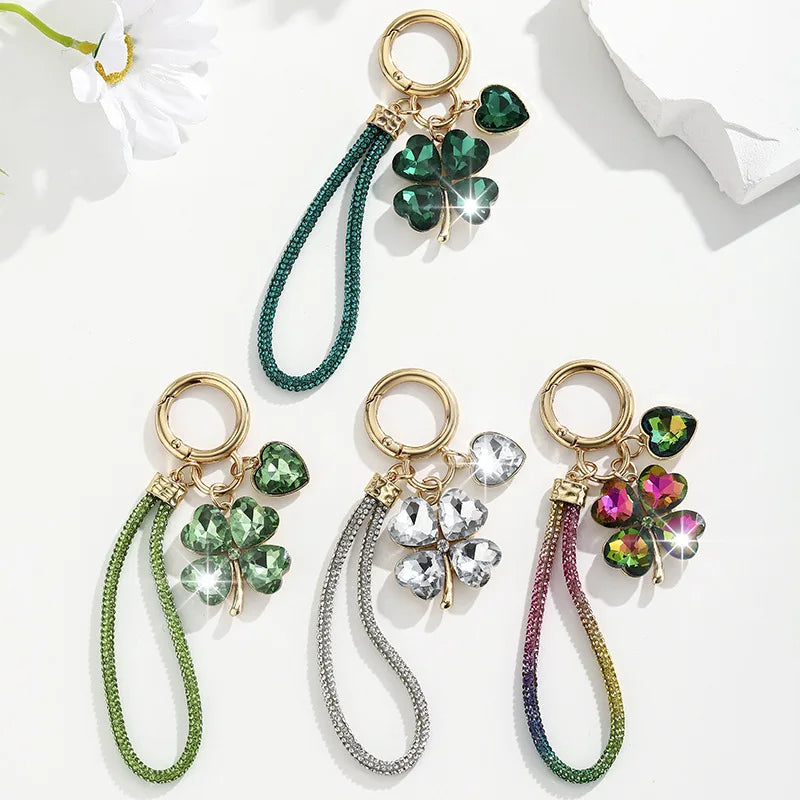 Four Leaf Clover Keychain for Women Rhinestone Bag Charm with Wrist