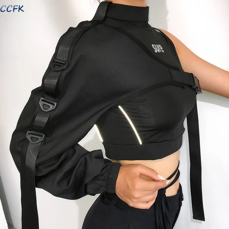 Y2k Aesthetic Reflective Women Techwear Top E-girl Punk Irregular