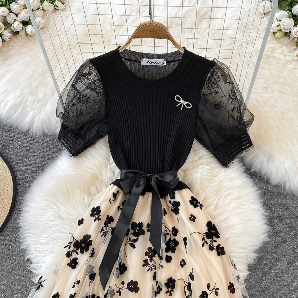 Ele Knitted Me Puffy Dr with Bow Tie round Ne Splice A-Line Midi Skirt for Young Women Summer Commute Sle