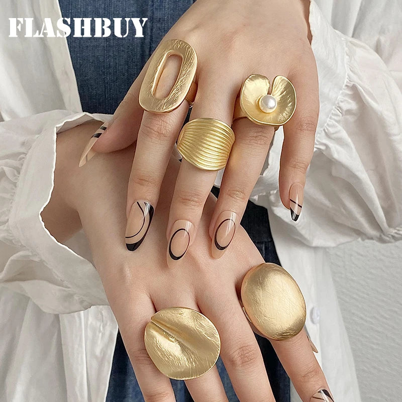 Flashbuy Chunky Gold Color Metal Geometric Rings for Women Statement