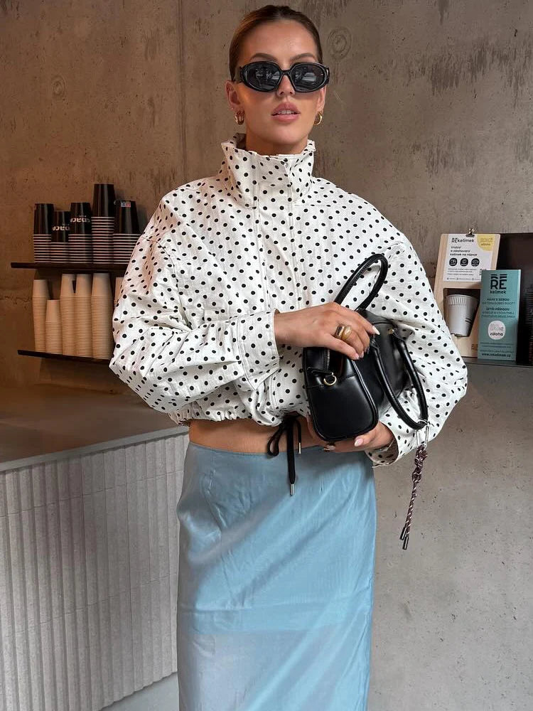 Polka Dot Print Short Long Sleeves Turtleneck Zipper With Pockets Drawstring