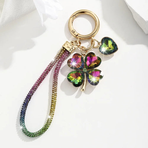Four Leaf Clover Keychain for Women Rhinestone Bag Charm with Wrist