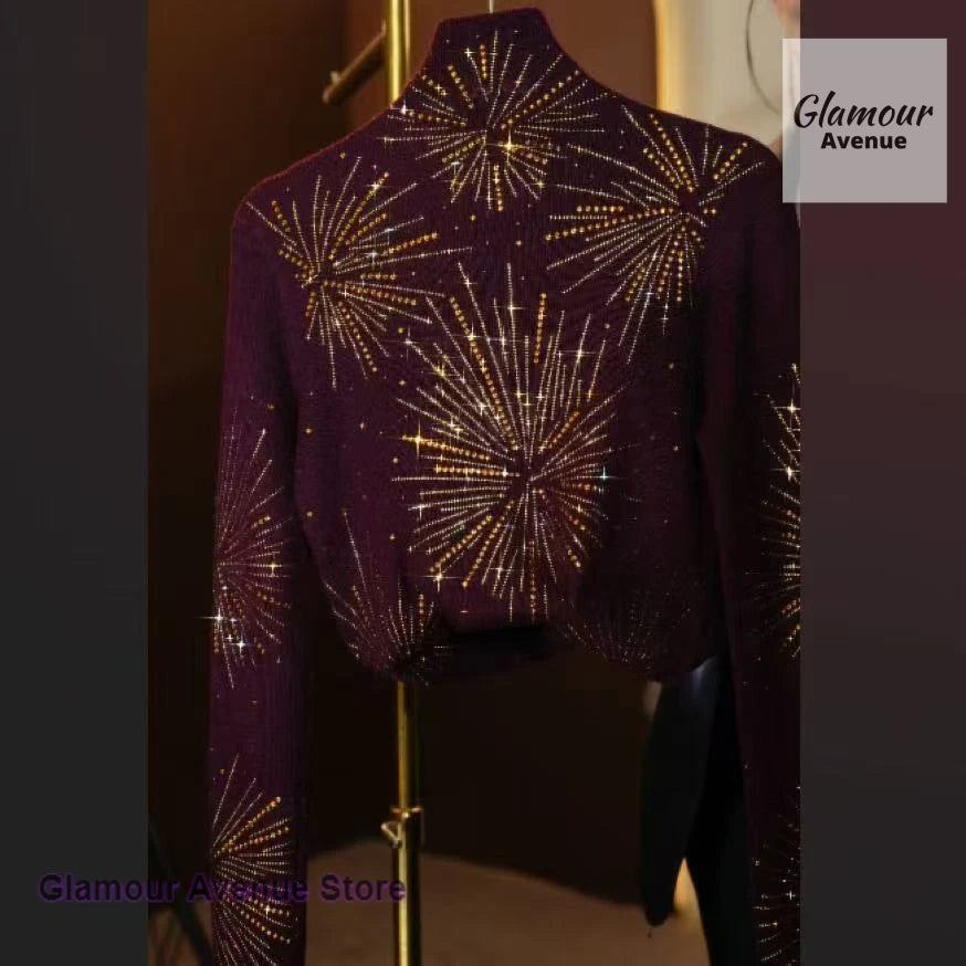 semi-high-necked diamond-encrusted versatile sweater