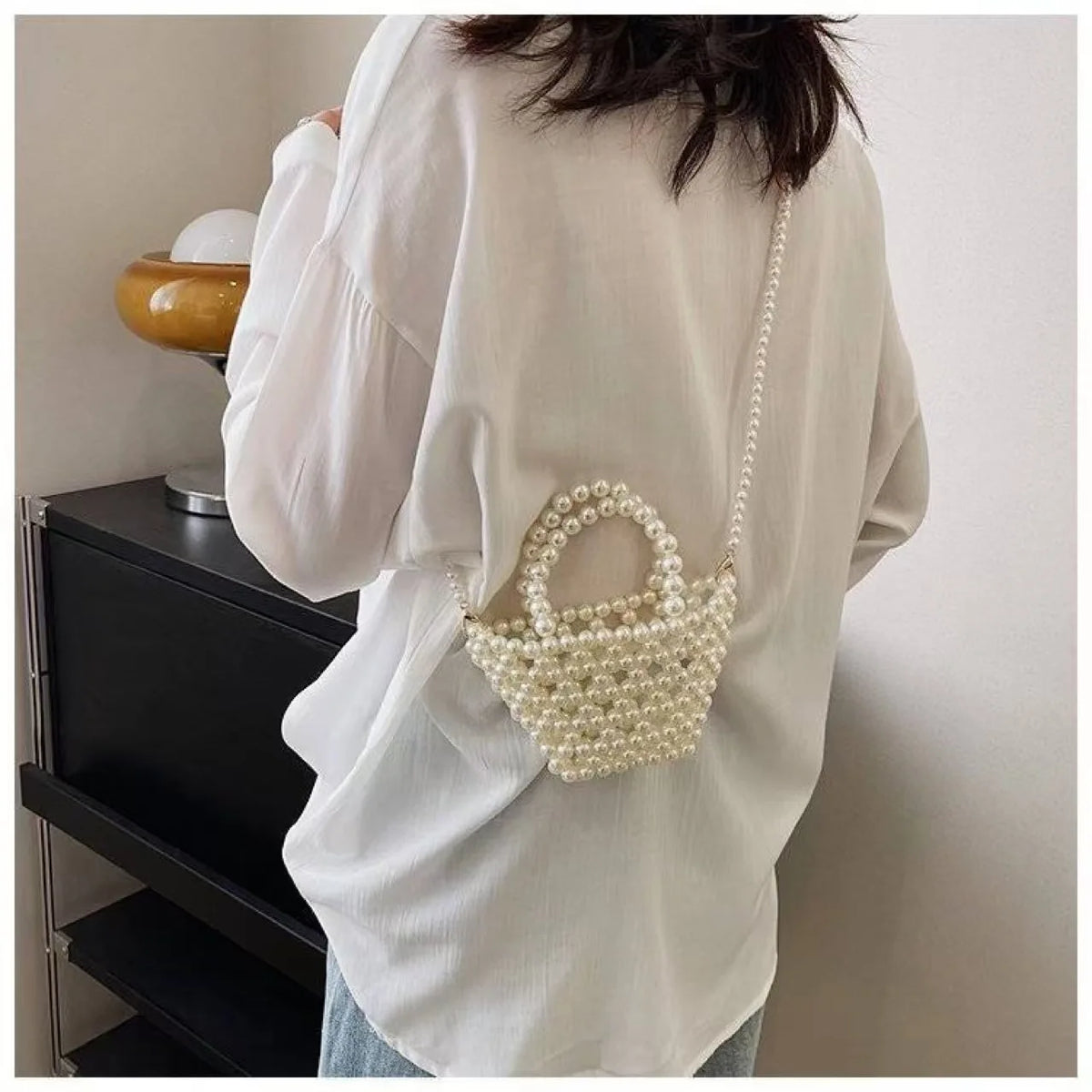 Chic Mini Woven Beaded Evening Bag Shiny Metallic Top Handle Shoulder