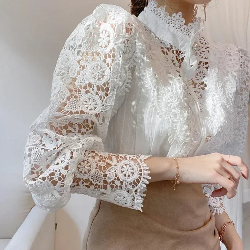 Chic Blouse, Lace Hollow Sleeve Elegant Top, Vintage Fashion Office Lady Outfits