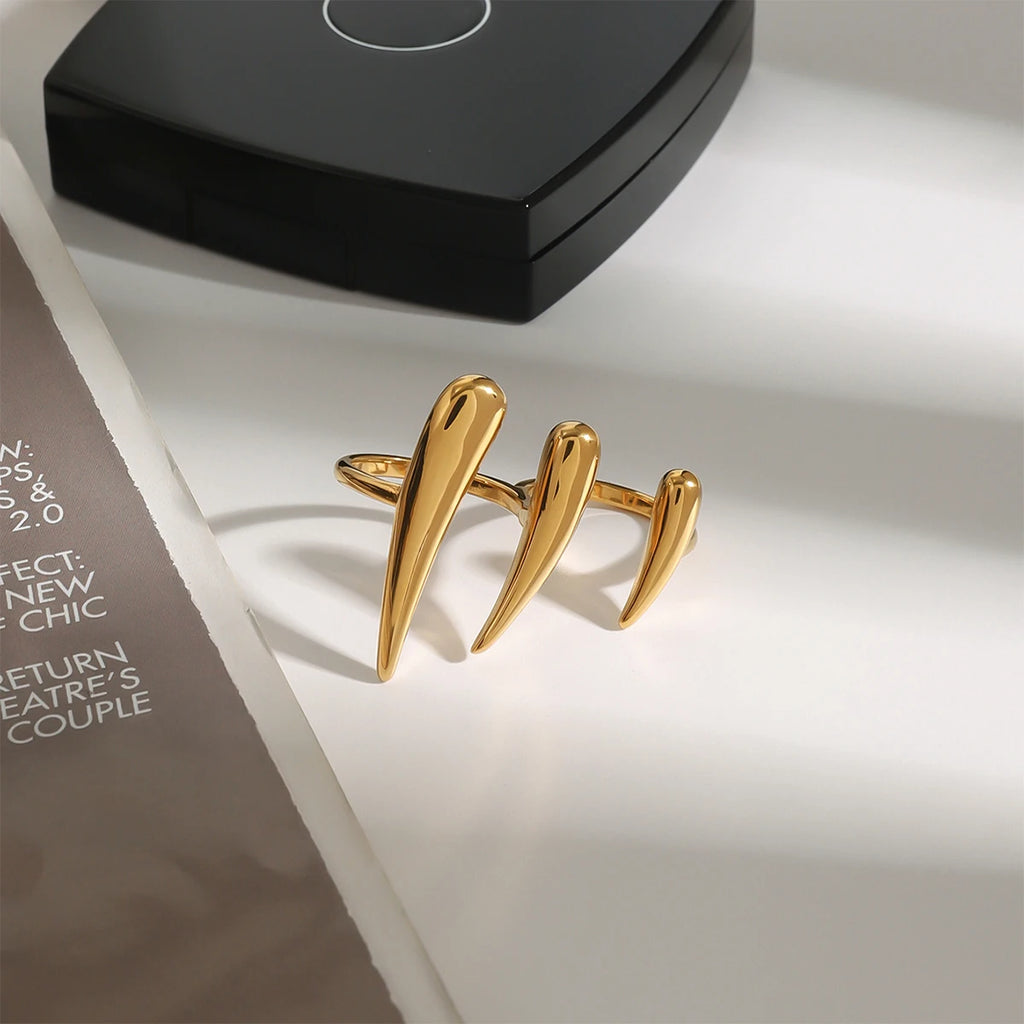 18k Gold-Plated Exaggerated Claw Ring Stackable Lines Double Finger Ring