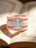 Princess Cut CZ Ring with 3-Layer Pink Silicone Band, Modern Chunky