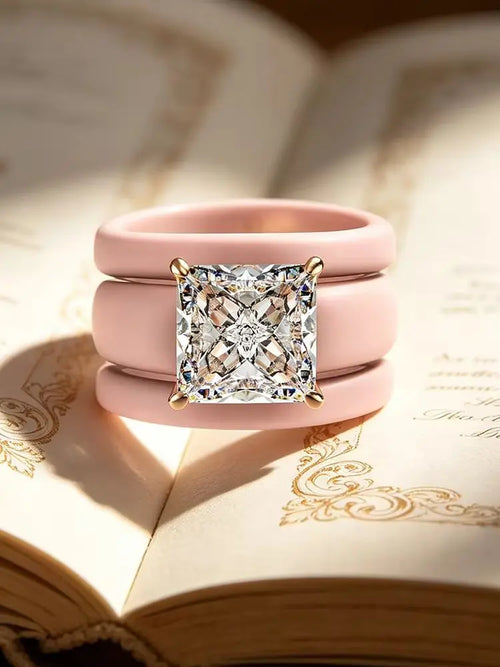 Princess Cut CZ Ring with 3-Layer Pink Silicone Band, Modern Chunky
